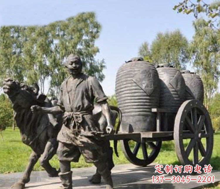 岳阳公园驾着牛车拉酒缸的古代人物小品铜雕
