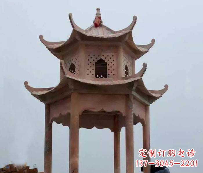 岳阳公园晚霞红双层六角石雕凉亭