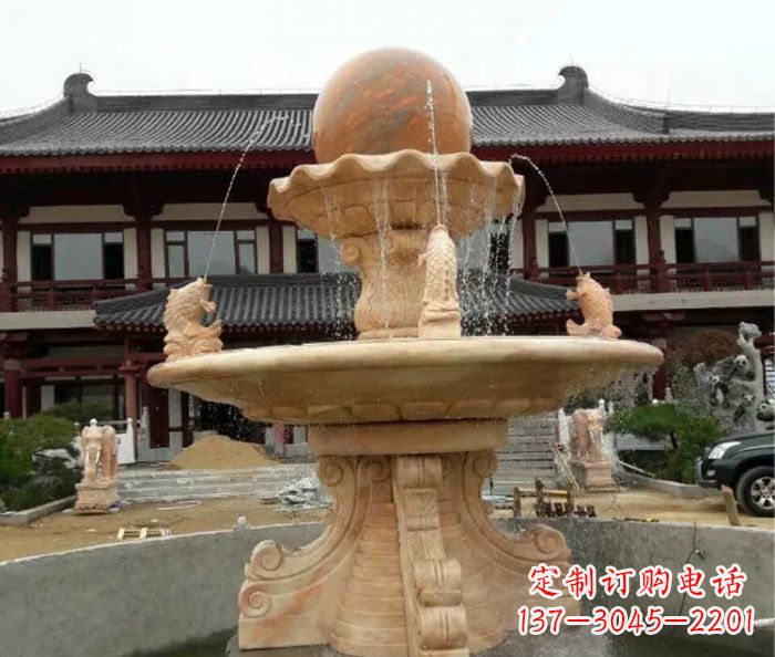 岳阳双层风水球喷泉晚霞红石雕