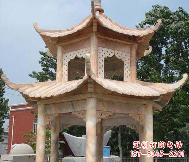 岳阳双层晚霞红凉亭石雕