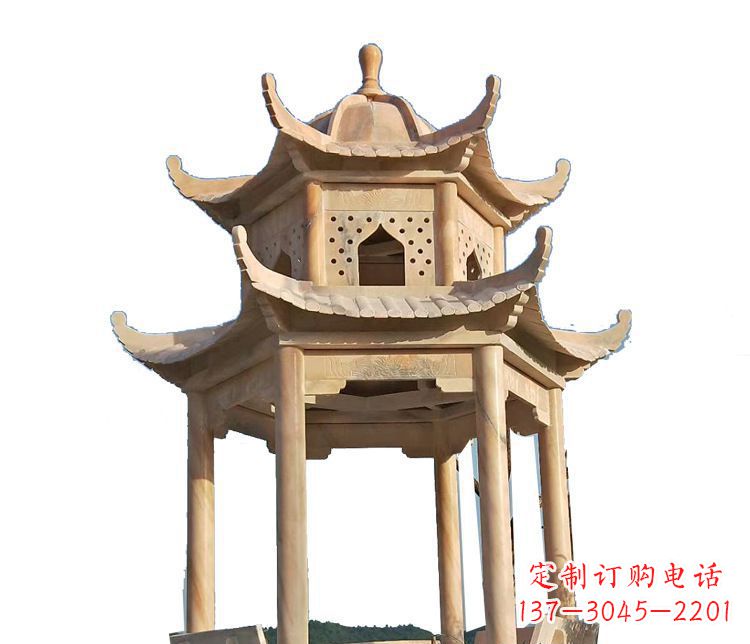 岳阳双层晚霞红凉亭石雕 (2)
