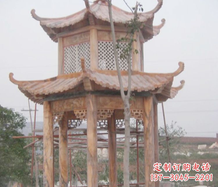 岳阳双层晚霞红石凉亭石雕 (2)