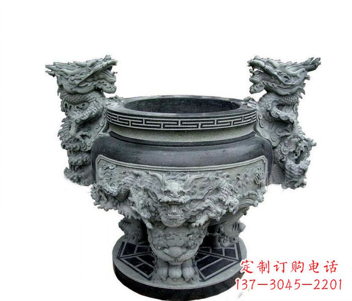 岳阳寺庙景观龙头水缸石雕 (2)