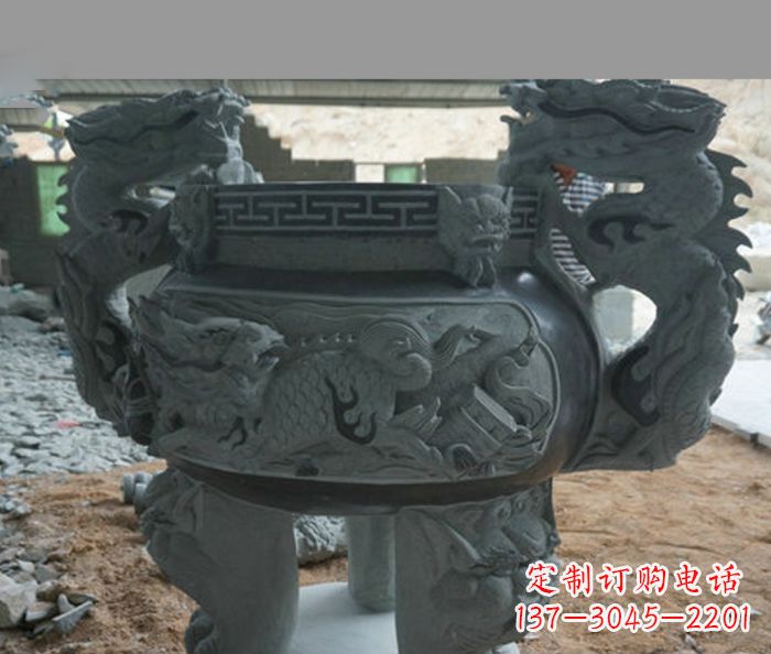 岳阳寺庙景观青石龙头香炉石雕