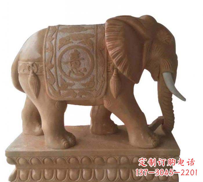 岳阳晚霞红吉祥如意大象石雕 (2)