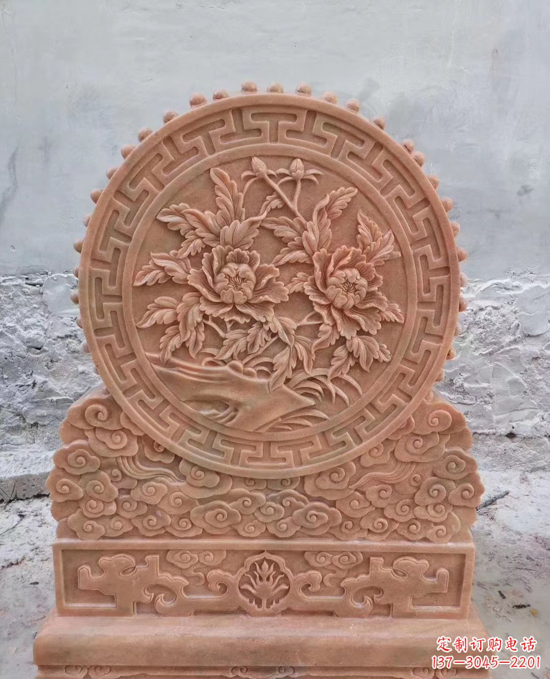 岳阳晚霞红牡丹花浮雕石门墩