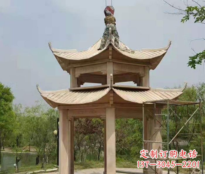 岳阳晚霞红双层凉亭石雕 (2)