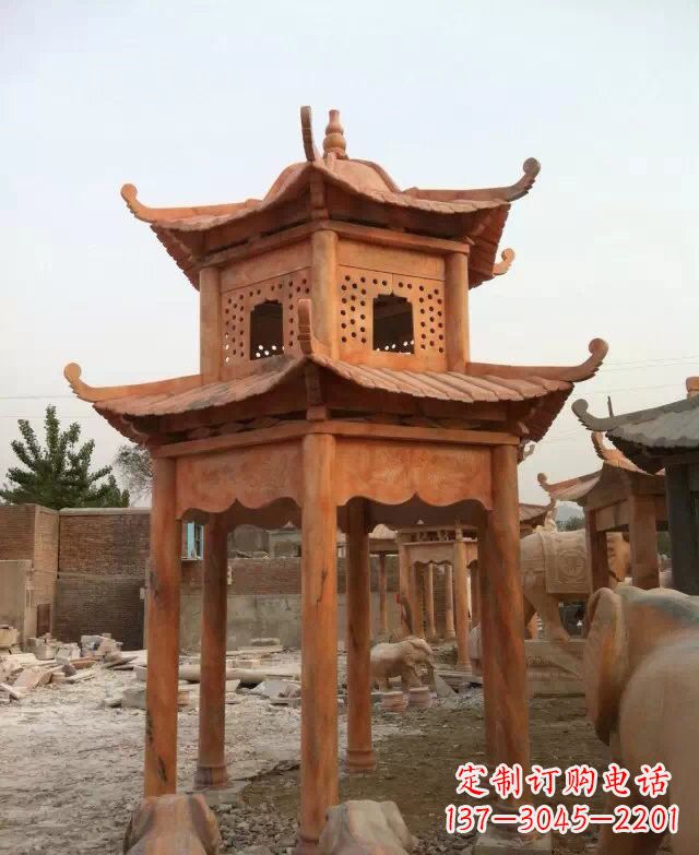 岳阳晚霞红双层凉亭石雕