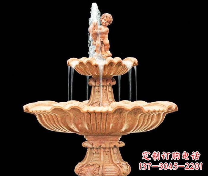 岳阳晚霞红小孩抱鱼石雕喷泉