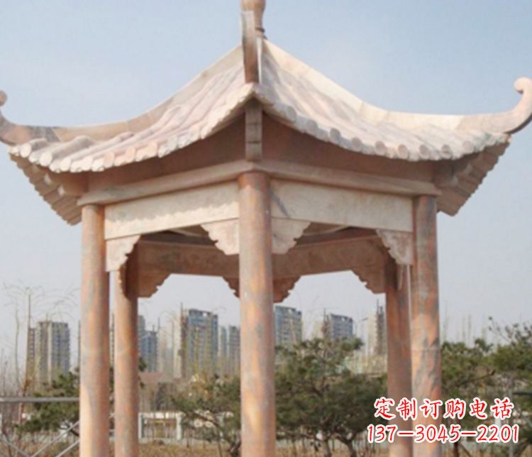 岳阳园林晚霞红六角石凉亭景观石雕